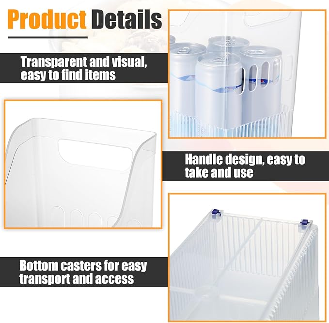 Qunclay 6 Plastic Freezer Organizer Bins with Wheel Set Clear Tall Narrow Kitchen Pantry Organizer Snack Storage Containers for Office Refrigerator(10 x 13.3 x 5.5 Inches) - Image 3