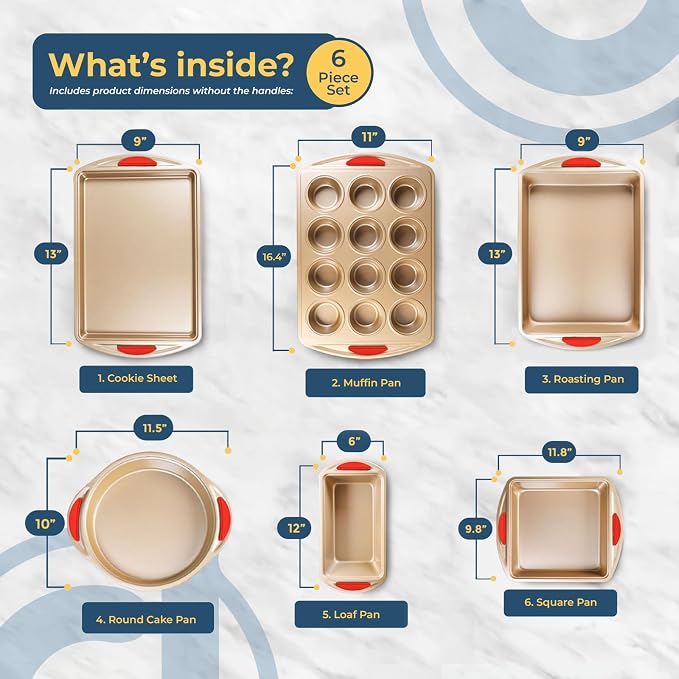Perlli Baking Kit: Nonstick Gold Steel Oven Set - 6 Pieces, Round Cake Pan, Loaf Pan, Square Pan, Muffin Pan, Cookie Sheet, Roaster - Silicone Handles - Image 2