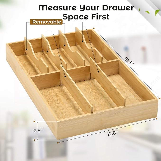 Fabsome Silverware Organizer for Kitchen Drawers, 2.5'' Deep 12.8'' Wide Bamboo Wood Flatware Tray with Deep Slots for Large Cutlery Utensil Drawer - Image 2
