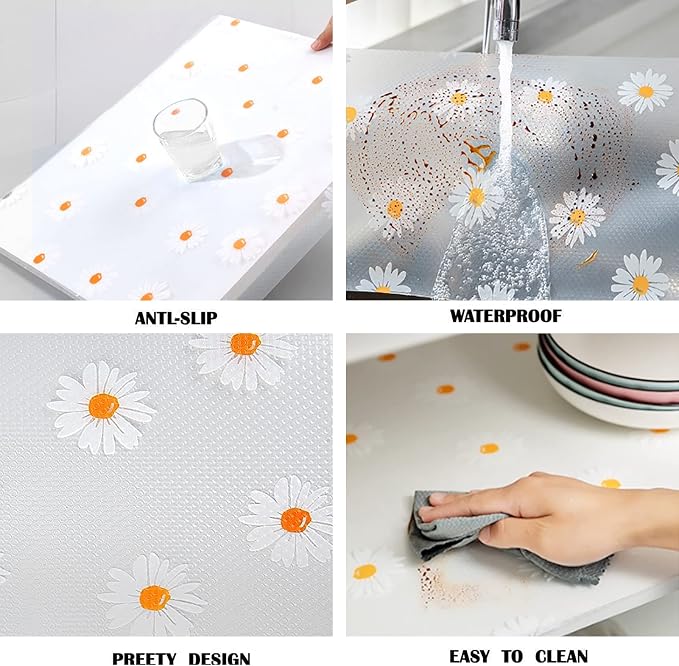 Daisy Shelf Liner for Kitchen Cabinets Non-Adhesive Drawer Liner Non-Slip Refrigerator Liner Waterproof Fridge Pad Cupboard Mat Easy Placemats, Ideal for Wire Pantry Bathroom, 12"*393.7" - Image 4