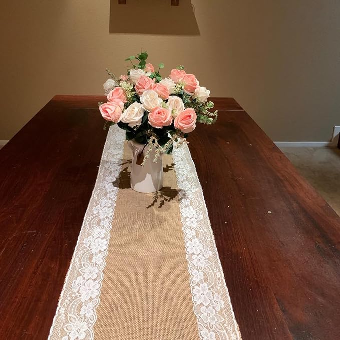 JOIKIT 10 Pack 12 x 108 inch Burlap Lace Table Runner, Rustic Natural Jute Wedding Table Runner Decoration with White Lace for Country Wedding Party Dinner Thanksgiving Christmas - Image 6
