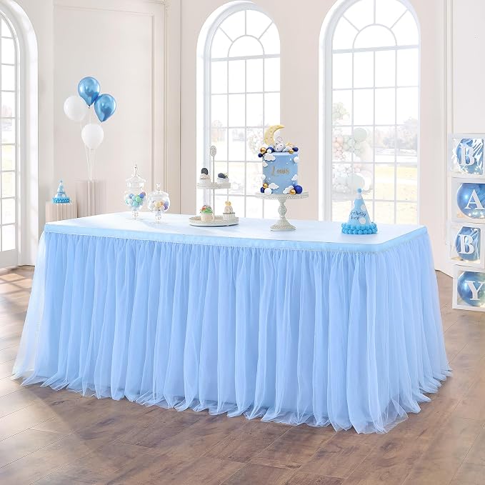 167in Baby Blue Tulle Table Skirts for Rectangle Tables 6/8ft, 2-Layer Gold Grim Ruffle Tulle Tutu Blue Cloth Table Skirt 14ft Decor Boy Birthday Party Baby Shower Cake Dessert Tables(No Table Cover) by ENJOYYOURPARTY