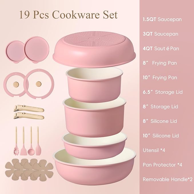 CAROTE 19pcs Pots and Pans Set Non Stick, Detachable Handle Cookware, Pink - Image 2