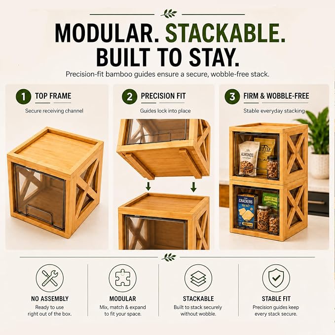 Bamboo Snack & Pantry Organizer, Stackable Pull-Out Drawers, 2 Pack - Image 6