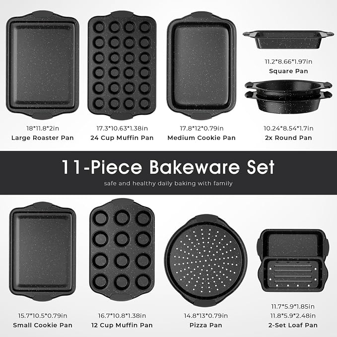 11-Piece Nonstick Baking Pans Set, Stackable Bakeware Sets, Black | Oven Pans for Baking with Silicone Handles, Includes Cookie Sheet, Cake Pans, Loaf Pan, Pizza Pan, Muffin Pan - Image 2
