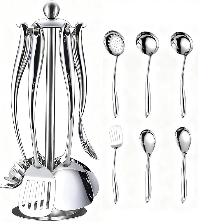 18/10 Stainless Steel Cooking Utensils Set with Holder, 7-Pieces All Metal Kitchen Utensils, Kitchen Cooking Tools, Kitchen Tools with Countertop Rotating Stand by KEJJRIUTN