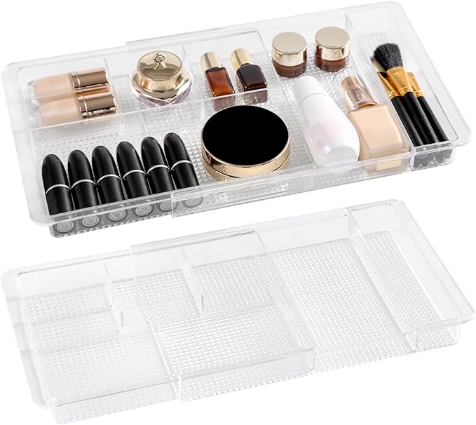 Oubonun Expandable Shallow Vanity Plastic Makeup Drawer Organizers, 2 Pack | Low Profile 1.3 Inch Height Clear Storage Tray - Scalable Width Customization Fits Cosmetic Lipsticks Brushes, Dressing Table by Oubonun