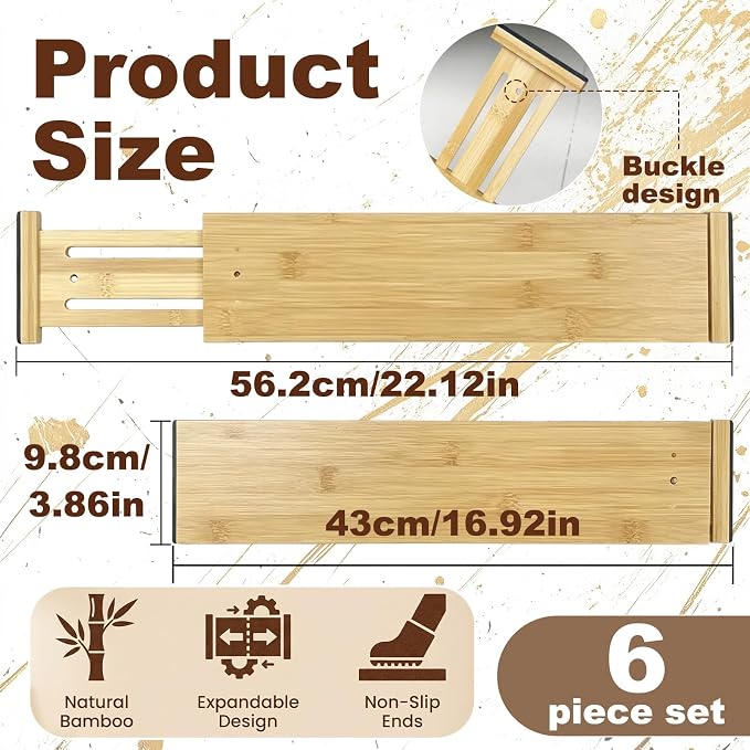 Joyeee Kitchen Drawer Dividers 6 Pack, 16.9-22.1" Adjustable Bamboo Drawer Organizer, 3.86" High Expandable Utensils Separators for Closet, Dresser, Bathroom, Bedroom, Office - Image 4