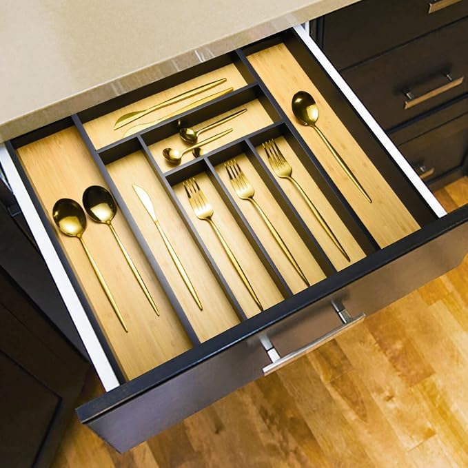 Bamboo Bag Storage Organizer, Wrap Dispenser, and Drawer Organizer Bundle for Kitchen Drawer (Black) - Image 6
