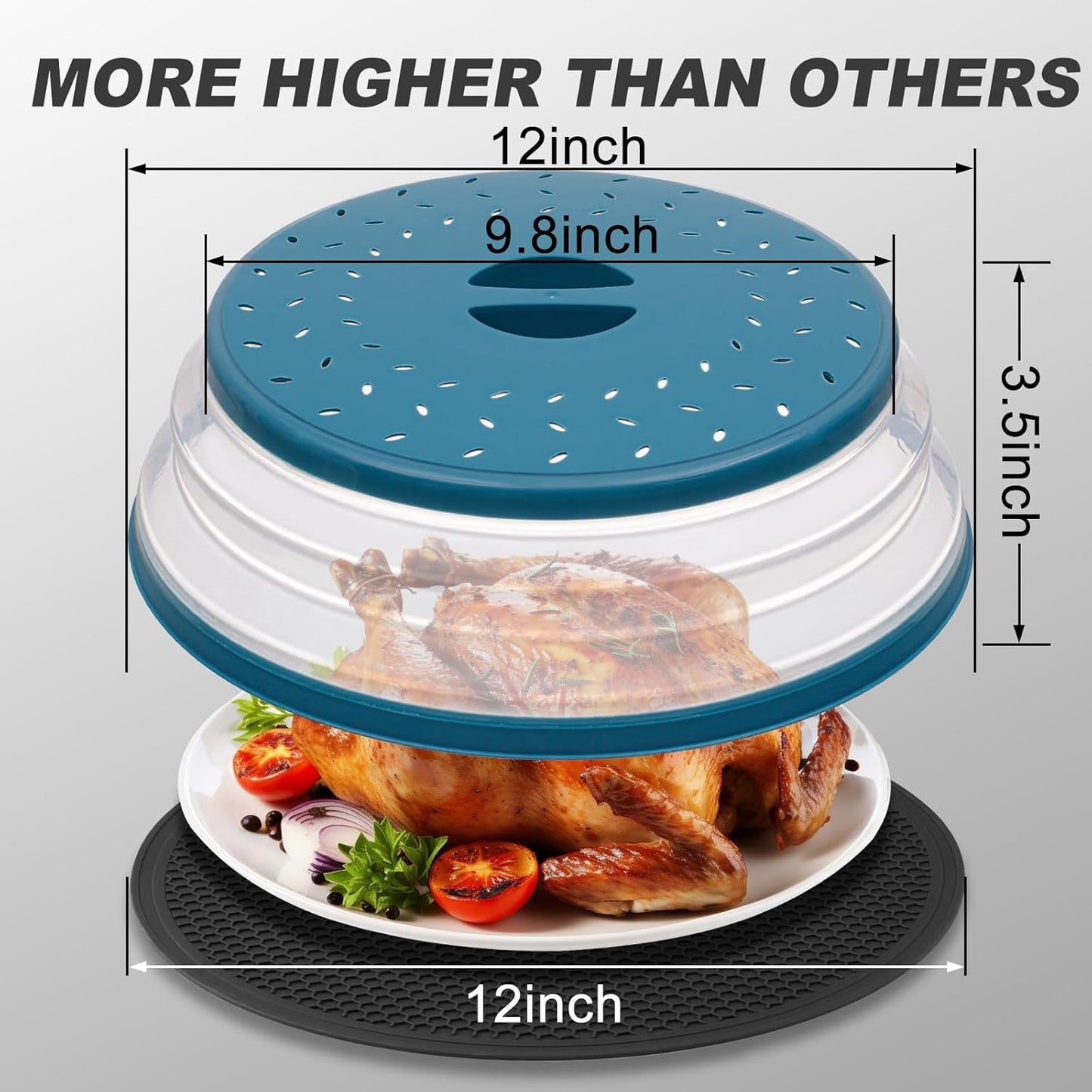 WENWELL Large Microwave Splatter Cover & Silicone Mat,12 Inchs Vented Collapsible Guard dish Plate lid & Round Kitchen mat for food