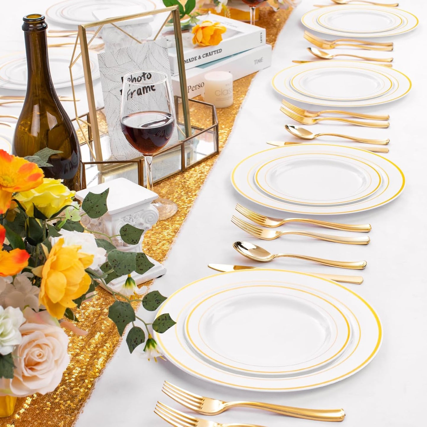 FLOWERCAT 60PCS Gold Plastic Plates - Heavy Duty White and Gold Plastic Plates Disposable for New Year/Thanksgiving Party/Wedding - Include 30PCS 10.25" Dinner Plates and 30PCS 7.5" Dessert Plates