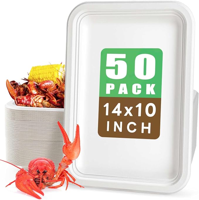 Gezond 50 Pack 14 Inch Disposable Food Trays Crawfish Trays Heavy-Duty | Large Paper Plates Compostable Plate Sugarcane Eco-friendly for Crawfish Seafood Party BBQ Thanksgiving White by Gezond%C2%AE
