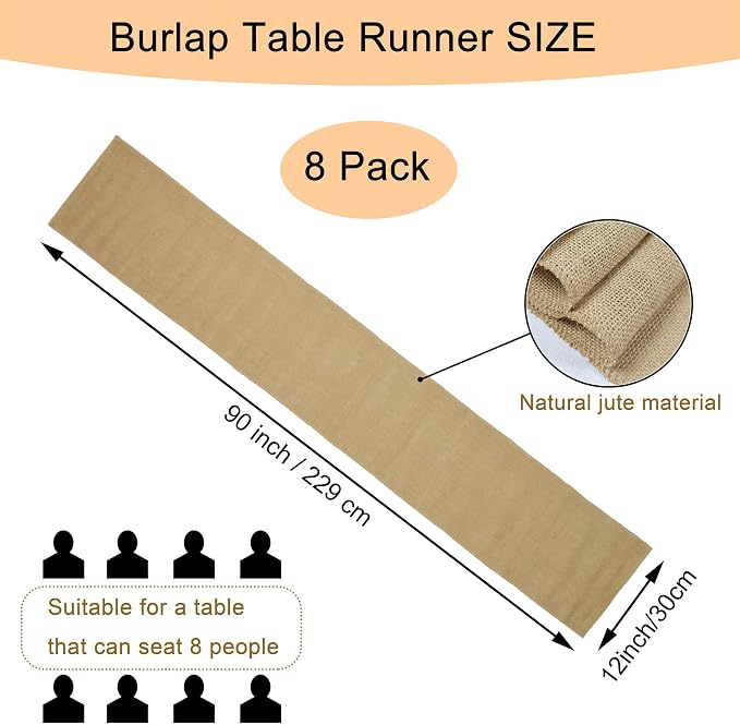 8 Pack 12 x 90 Inch Natural Burlap Table Runners,Rustic Jute Table Runner and Placemats Bulk for Western Wedding Table Decorations,Farmhouse Style Party,Holiday,Kitchen Table Decor - Image 2