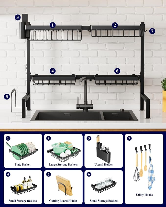 Kitsure Adjustable Over The Sink Dish Drying Rack, 26.8" -33.9"x21.5" - Image 5