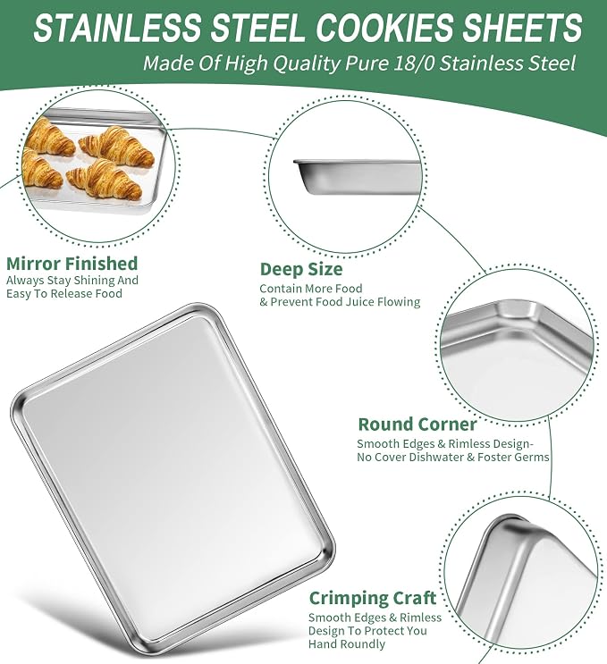 Baking Sheets Set of 2, HKJ Chef Cookie Sheets 2 Pieces & Stainless Steel Baking Pans & Toaster Oven Tray Pans, Rectangle Size 12.5Lx10Wx1H inch & Non Toxic & Healthy & Easy Clean - Image 3