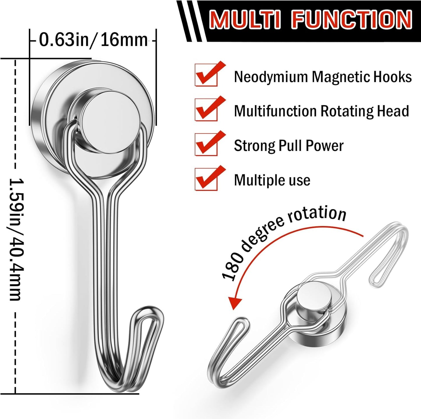 FINDMAG Magnetic Hooks, 30lbs+ Strong Magnetic Hooks for Refrigerator, 2025 Cruise Ship Essentials, Magnet Hooks Heavy Duty for Kitchen, Home, Classroom, Whiteboard, Beach Vacation (6 Pack, Silver)