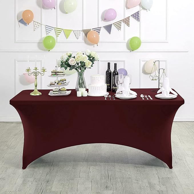MDS® Pack of 10 Spandex Tablecloth 8FT Tight Fitted Stretch Table Cover – Washable Wrinkle-Free Reusable Elastic Patio Tablecloth for Wedding, Party, Banquet, Trade Show, Event Décor - Burgundy - Image 3