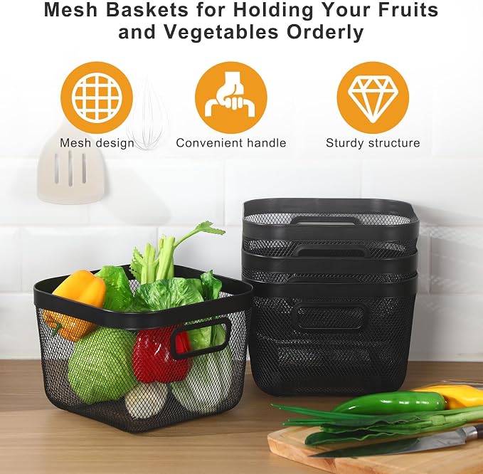 MorningRo 6 Pack Metal Mesh Basket with Hollow Handles Black Wire Storage Bin for Organizing Stackable Metal Fine Mesh Basket for Pantry Bathroom Kitchen Cabinets Shelves (Medium) - Image 6