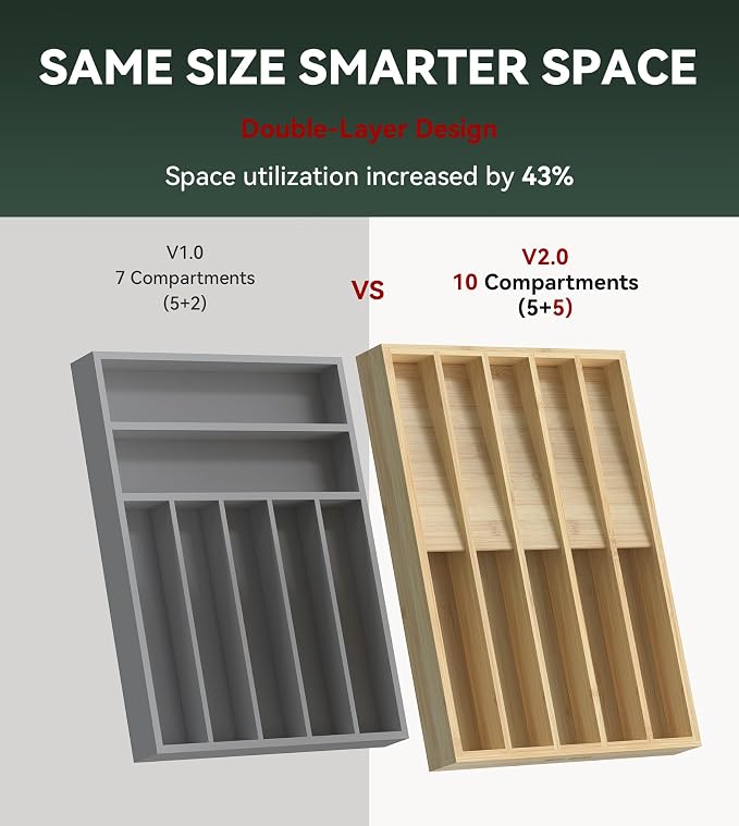 Silverware Drawer Organizer for Kitchen Utensil,Bamboo 10 Slot - Image 5