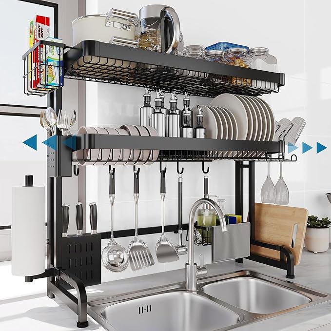 LIVOD Over The Sink Dish Drying Rack,3 Tier Adjustable Length Full Stainless Steel Large Storage Kitchen Dish Rack,for Kitchen Counter Expandable Multifunctional Organizers,Silver(25.5'' to 37.4'') by LIVOD