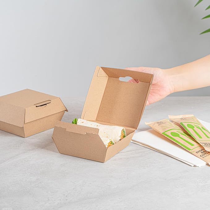 Restaurantware Clamshell Take Out Container 100 Pack of 4 x 4 x 2.8 Inch Paper Sustainable Take Out Box Grease-Resistant Food Box Kraft Burgers and Sandwiches Container - Image 5