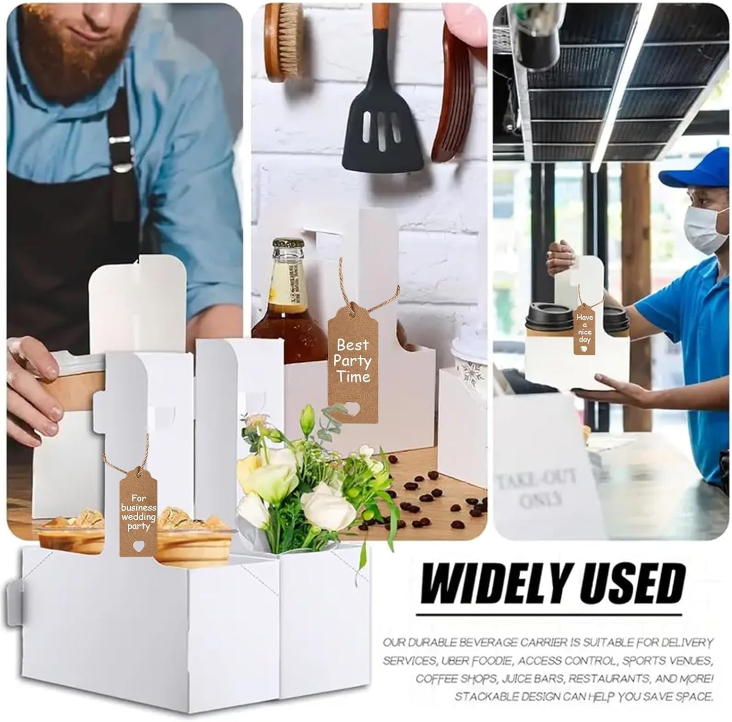 30 Pack 2 Cup Disposable Drink Carrier with Handle Paperboard Coffee Cup Holder Portable for Hot Cold Drinks Food Delivery Services with Heart Card for Teacher Appreciation Week Mother's Day