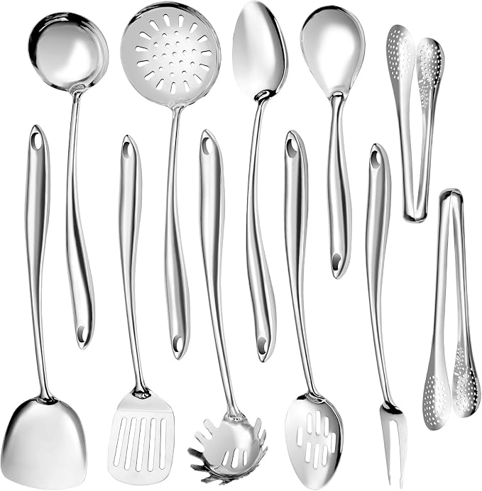 304 Stainless Steel Kitchen Utensils Set,11 Pcs Stainless Steel Cooking Utensils Set, Long Metal Cooking Utensil Gadgets Tools Set with Spatula, Spoon,Skimmer,Tongs etc (Dishwasher Safe) by OARSE