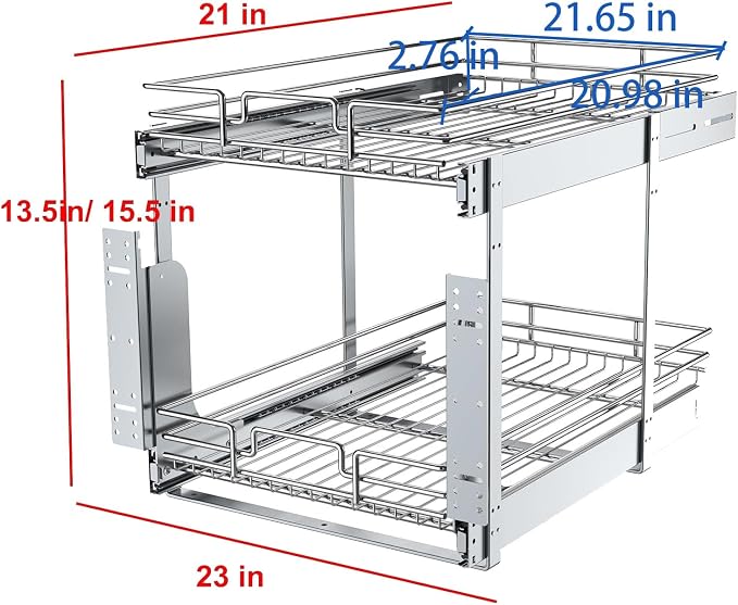 2 Tier Pull Out Cabinet Organizer, 23" W x 21" D Heavy-Duty Metal Sliding Drawer Shelf for Kitchen Cabinets, Chrome, Doesn't Include Door Fittings - Image 2
