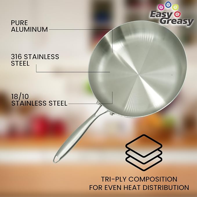 Stainless Steel Frying Pan Set Tri Ply 18/10 Skillet Set 12 10 8 Inch with Lids, Removable Handle, Oven Safe Induction Ready Cookware, Durable Non-Toxic Scratch-Resistant Saute Pans - Image 3