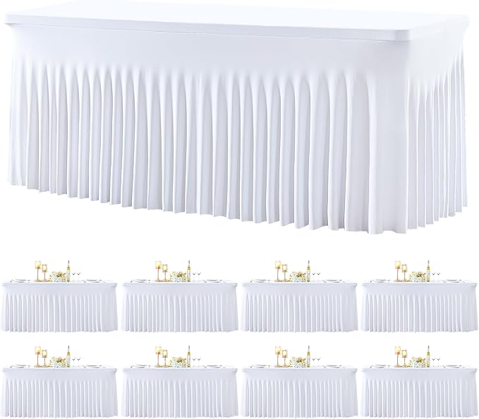 8 Pack White Table Cloth for 6 Foot Rectangle Tables Spandex Fitted Tablecloth 6ft Stretch Table Covers Skirt White Banquet Tablecloths Wrinkle Free Tablecloth for Party Wedding Birthday Event by Tao-GePartyDecorations