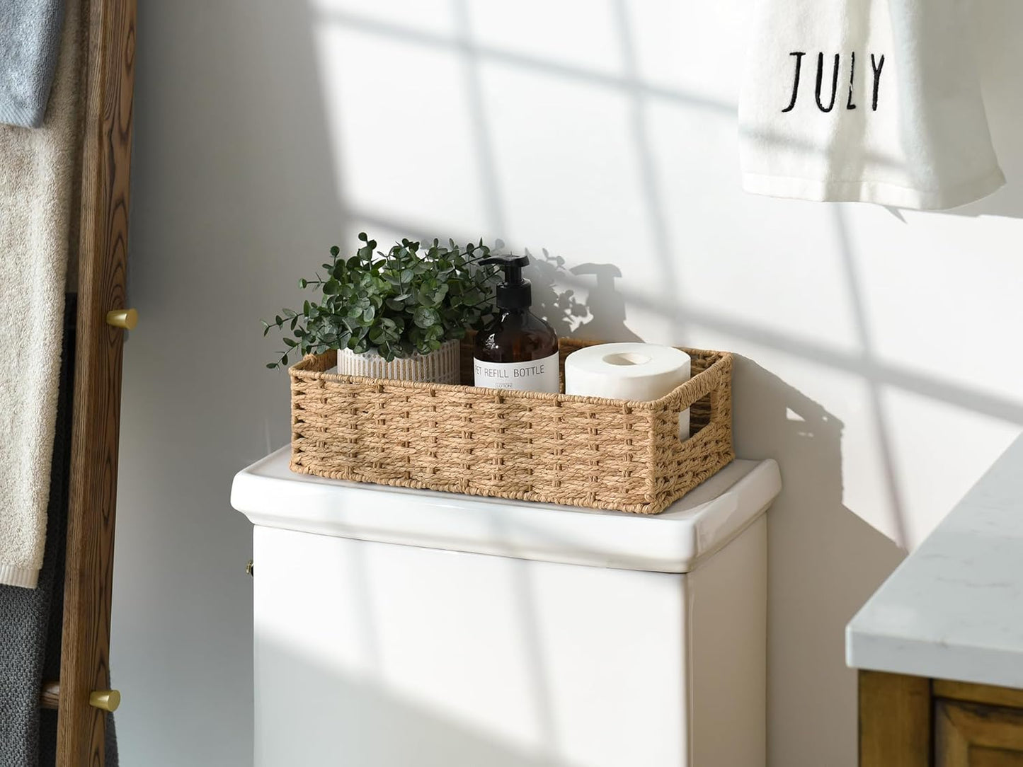 StorageWorks Toilet Paper Basket with Built-in Handles, Light Brown Round Paper Rope Baskets for Bathroom, 14 ¼"L x 6 ¾"W x 3 ¾"H, 1 Pack