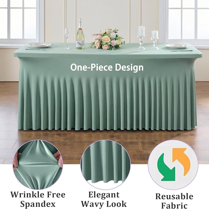 4 Pack Sage Green Spandex Tablecloths for 6 Foot Rectangle Tables, Wrinkle Free Stretchy Table Cloths 6ft Fitted Table Cover DeskSkirt for Weddings Birthday Party Banquet Baby Shower - Image 3