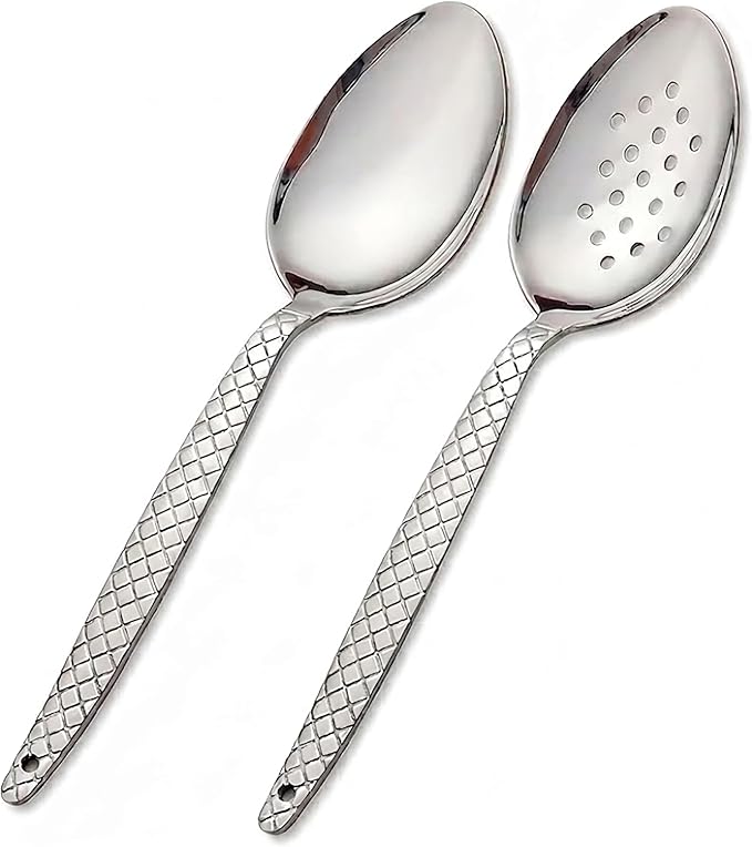 Chef Kunz Spoon | Pack of 2 | 9 inch 18/10 Stainless Steel Silver Plating Spoon | Non-Slip Grip Spoons for Basting, Quenelle, Serving, Sauces (Medium 2, kunz Spoon Set (2 piece) by HUNTINGKNIFE