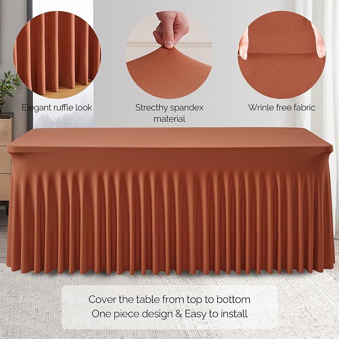 Wish Care 2 Pack Rust Spandex Table Clothes for 8 Foot Rectangle Tables, 8FT Wrinkle Free Fitted Tablecloths Ruffles Design Table Cloth for Party, Banquet, Wedding and Events - Image 3