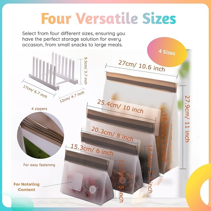 Reusable Food Storage Bags – 21-Pack Stand-Up, BPA-Free, Freezer, Dishwasher Safe & Eco-Friendly – 4 Gal, 6 L, 7 M, 3 S + Rack – Airtight Leakproof Sandwich, Snack, and Meal Prep Bags (Grey) - Image 6