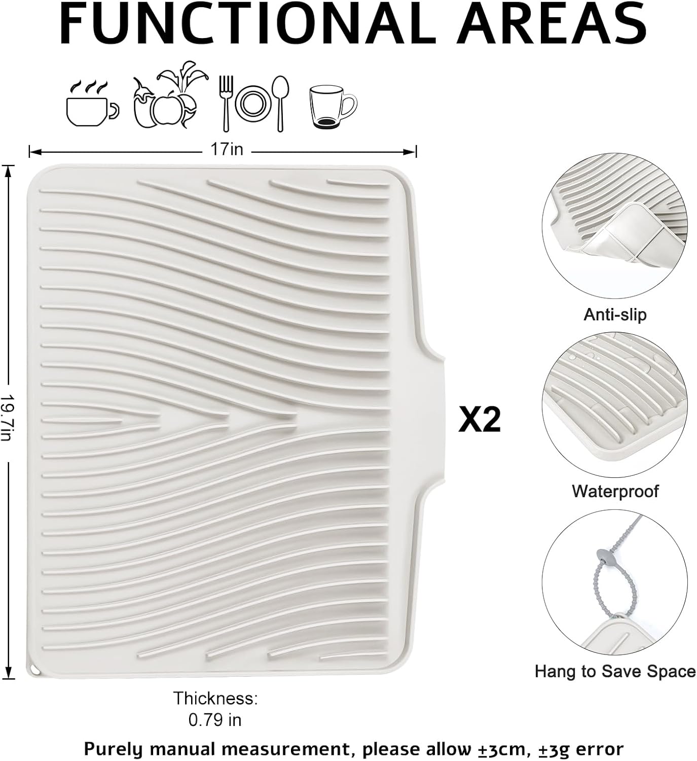 Dish Drying Mat, Stone Drying Mat for Kitchen Counter with Built-in Drain, Non-Slip Drying Matt Kitchen Counter, Heat Resistant Silicone Drying Mat, Dish Drying Pad, 2 Pcs (Cream 19.7" x 17")