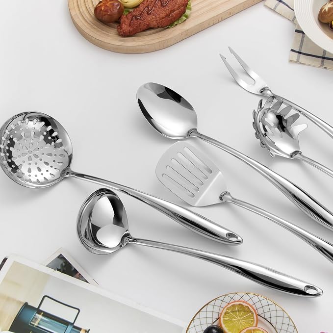 304 Stainless Steel Kitchen Utensils Set, 6 Pcs Long Metal Cooking Utensil with Spatula, Solid Spoon, Ladle, Skimmer, Spaghetti Spoon, Meat Fork, Dishwasher Safe - Image 4