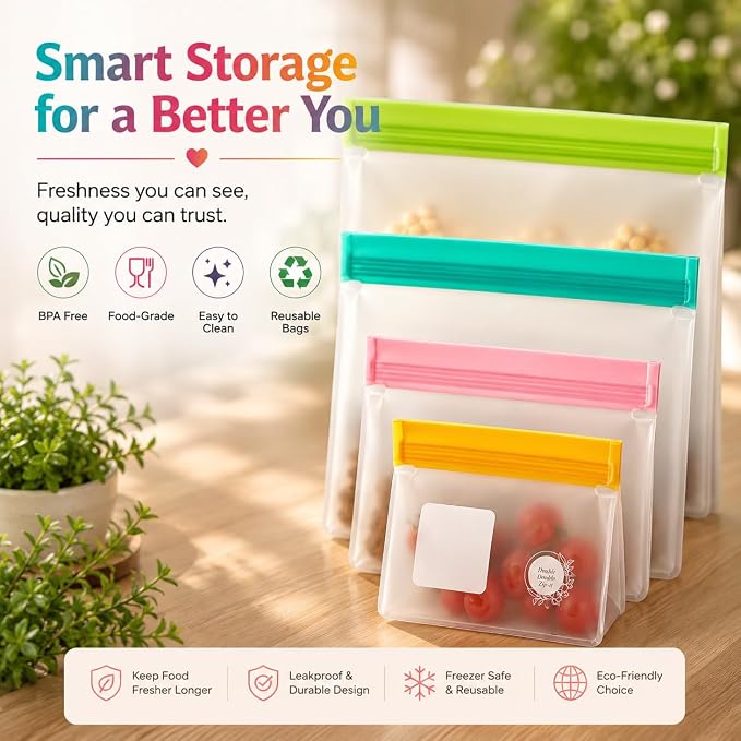 Reusable Food Storage Bags – 14-Pack Stand-Up, BPA-Free, Freezer, Dishwasher Safe & Eco-Friendly – 3 L, 8 M, 3 S Bags – Airtight Leakproof, Sandwich, Snack, and Meal Prep Baggies (Multicolor) - Image 5