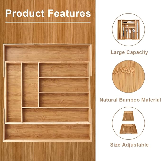 Bamboo Cutlery Tray, Adjustable Drawer Insert with 6 to 8 Compartments, Expandable Cutlery Organiser and Cutlery Tray, Organiser for Kitchen Utensils and Cutlery - Image 5