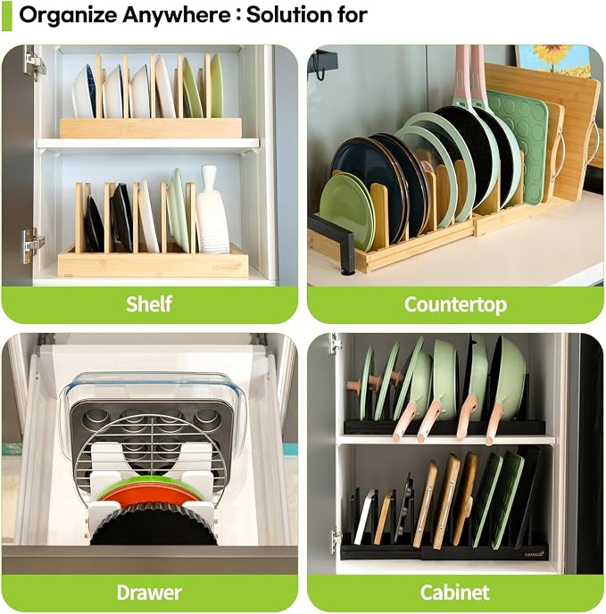 Pots and Pans Organizer under Cabinet Expandable Bamboo Pot Lid Holder Rack - Image 4