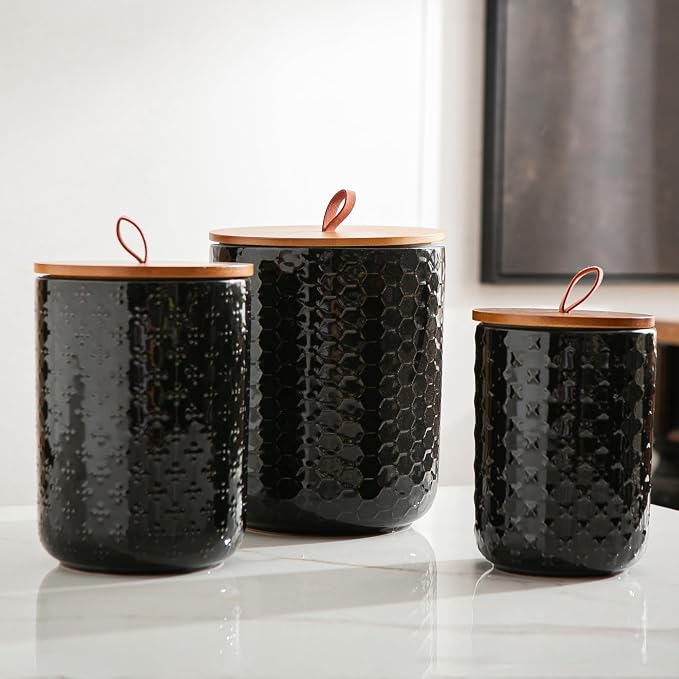JOJUNO Black Embossed Ceramic Canister 3 Piece with Airtight Bamboo Lid - Image 7