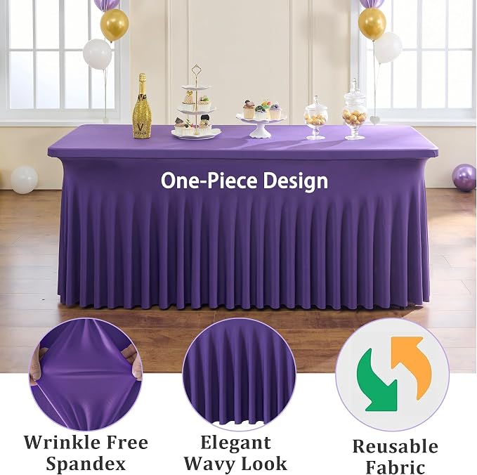 4 Pack Purple Spandex Tablecloths for 6 Foot Rectangle Tables, Wrinkle Free Stretchy Table Cloths 6ft Fitted Table Cover DeskSkirt for Weddings Birthday Party Banquet Baby Shower - Image 3