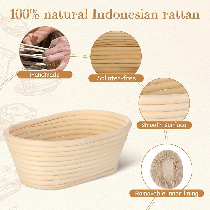 Gejoy 12 Set Oval Bread Proofing Baskets Banneton with Liner,8.5 Inch | Rattan Banneton for Sourdough, Includes Cloth Liner and Dough Scraper, Artisan Bread Rising Kit for Home Bakers - Image 2