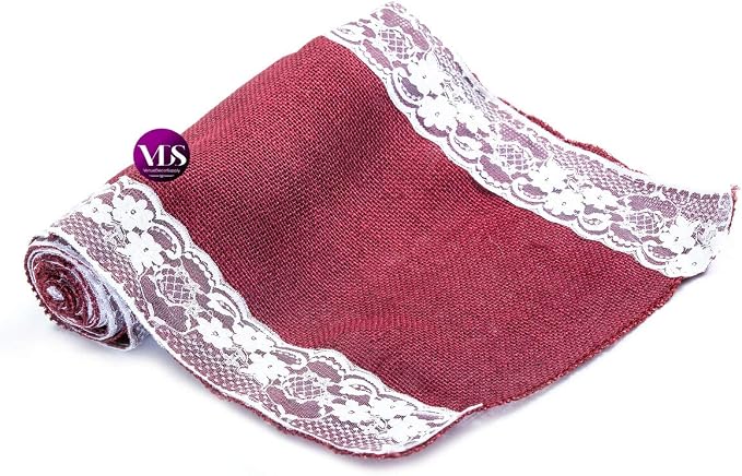 VDS Pack of 5, Burlap Table Runner with White Lace Edge, 100% Natural Jute Rustic Hessian Table Cloth Centerpiece for Wedding Birthday Party Banquet Table Decoration (Size 12X108 Inch)(Maroon) - Image 3