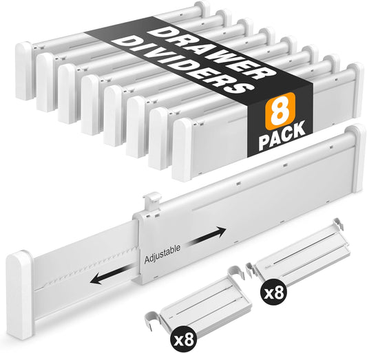 HiYZ Expandable Drawer Dividers with Inserts - Adjustable Drawer Organizers Separators for Kitchen, Bedroom, Dresser, Office, 8 Long Dividers(12.6-22.8 IN) with 16 Inserts(3.9-7.1 IN) - Gray