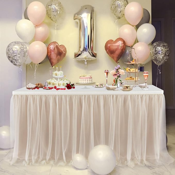 132in Champagne Gold Tulle Table Skirts for Rectangle Tables 8ft 6ft 4ft, 2-Layer Beige Ruffle Tulle Tutu Cloth Table Skirt 11ft for Wedding Party Birthday Baby Shower Cake Dessert(No Table Cover) - Image 6