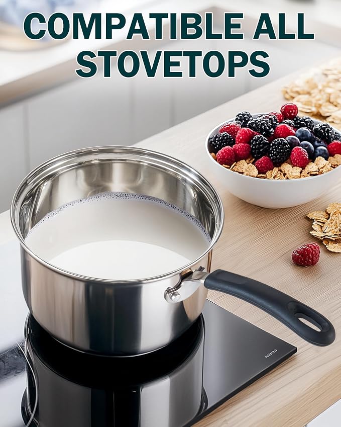 Cook N Home Professional 1 Quart and 2 Quart Stainless Steel Saucepan Set with Lids, Small Kitchen Induction Cooking Sauce Pot Pan, Stay-Cool Silicone Handle, Dishwasher Safe - Image 3