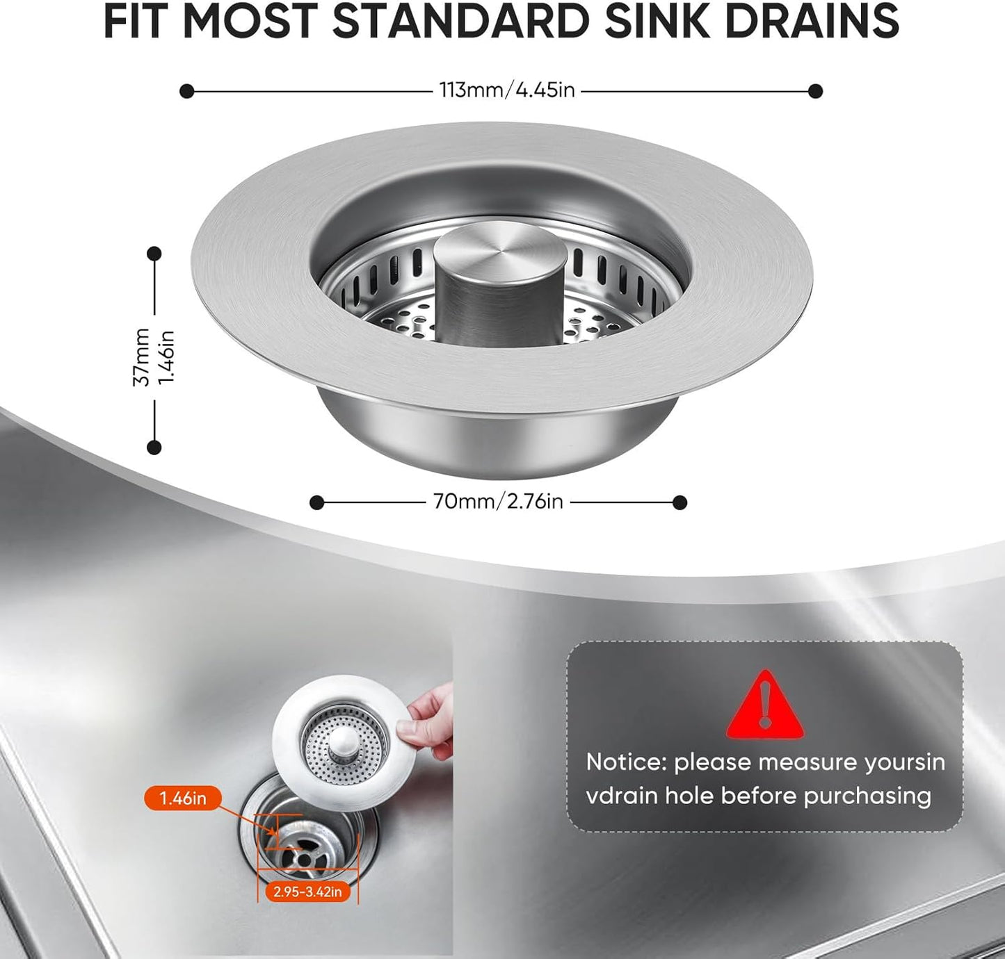 Upgraded 3 in 1 Kitchen Sink Drain Strainer & Sink Stopper,304 Stainless Steel Pop-Up Kitchen Sink Drain Strainer and Stopper Combo,Fits US Standard 3-1/2 Inch Drain, Anti-Clogging Odor Prevention