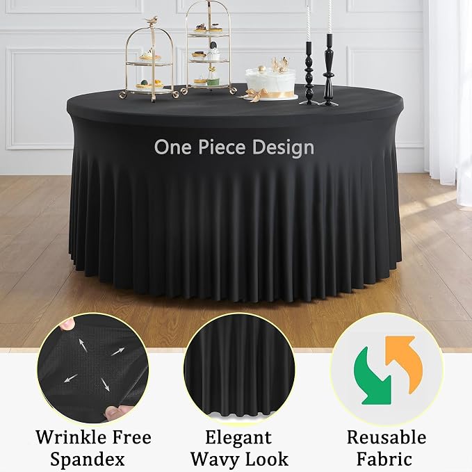 12 Pack Black Round Spandex Tablecloth for 60 inch Table, Wrinkle Free Stretchy 120inch Fitted 5FT Round Table Cloths Cover with Skirt for Wedding Birthday Party Dining Banquet Events - Image 3