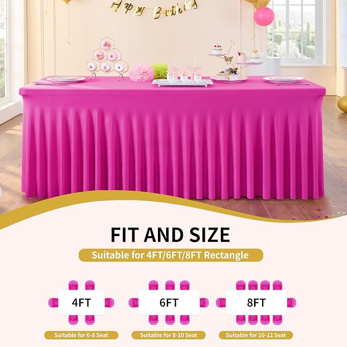 Outpain 8ft Spandex Table Cloth for Standard Folding Tables-2Pack Hot Pink Table Cloth Table Protector for Party, Wedding, Cocktail, Banquet, Festival - Image 4